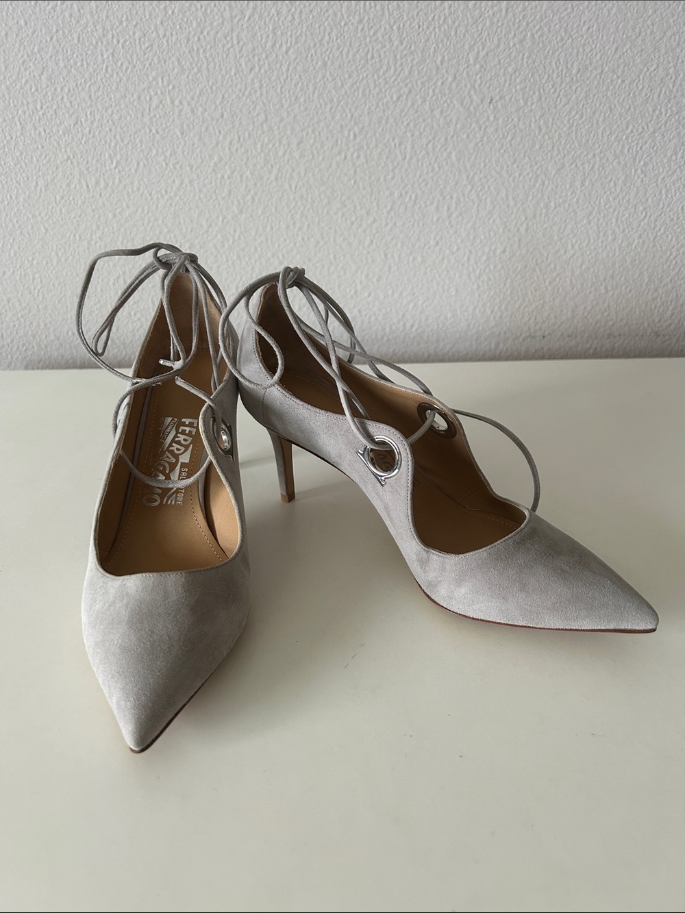 Salvatore Ferragamo Light Gray Suede Pointed-Toe Lace-Up Heels